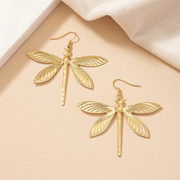 14K Gold Plated Dragonfly Boho Dangle Earrings NEW - Picture 4 of 6